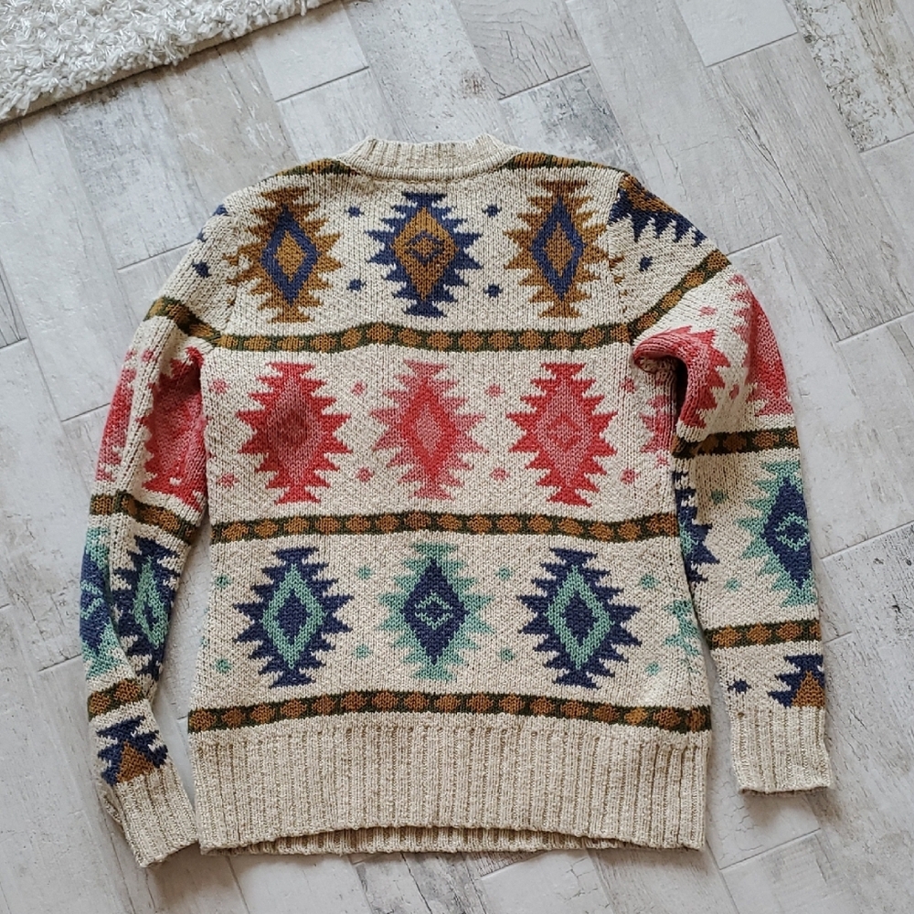 LLBean Women's Medium 100% Cotton Slub Fair Isle Multicolor Crew Neck Sweater - Picture 11 of 15